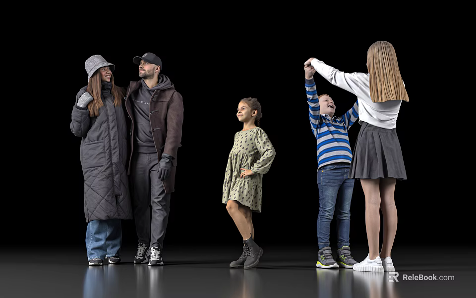 Family Group Interacting Playfully Together In Casual Outfits Against Black Background 3d model 
