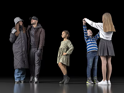 Family Group Interacting Playfully Together In Casual Outfits Against Black Background 3d model