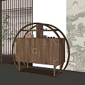 Traditional Chinese Curio Cabinet With Walnut Wood Circular Frame And Landscape Painting Backdrop