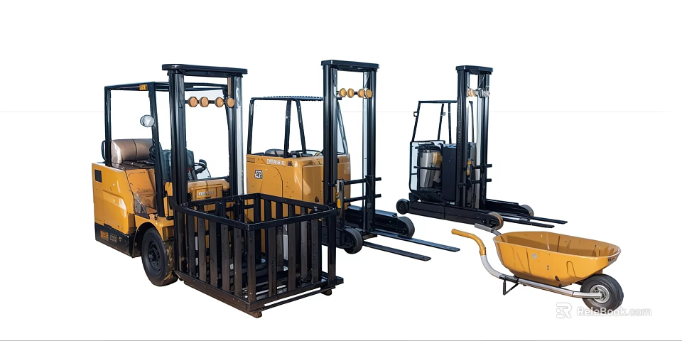 Industrial Utility Vehicles Featuring Yellow Forklifts And Black Wheelbarrow Equipment 3d model 