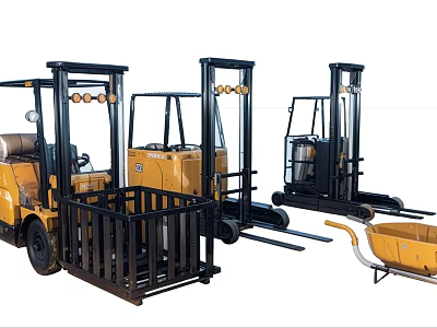 Industrial Utility Vehicles Featuring Yellow Forklifts And Black Wheelbarrow Equipment 3d model