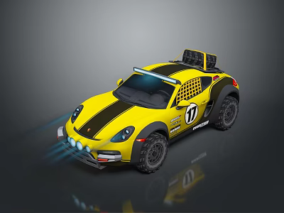 Yellow and Black Off Road Car With Number 17 Roof Equipment And Blue Front Lights 3d model