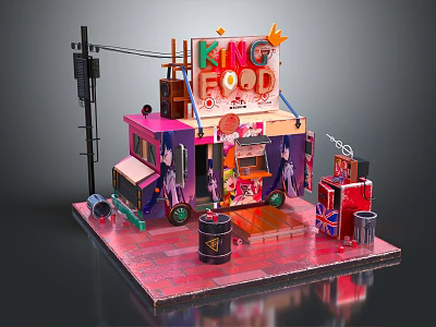 Cartoon King Food Truck Scene With Vibrant Colors Characters Street Lamp And Trash Cans 3d model