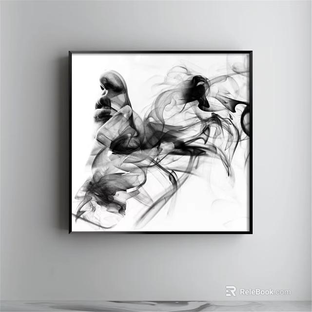 Black and White Abstract Painting Featuring Flowing Lines and Dynamic Forms on White Wall 3d model 