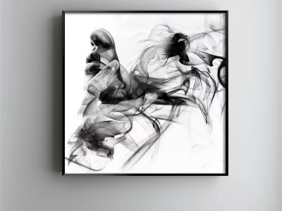 Black and White Abstract Painting Featuring Flowing Lines and Dynamic Forms on White Wall 3d model