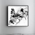 Black and White Abstract Painting Featuring Flowing Lines and Dynamic Forms on White Wall