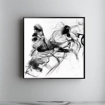 Black and White Abstract Painting Featuring Flowing Lines and Dynamic Forms on White Wall 3d model