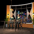 Cafe Interior Design With Brick Wall Large Window Night View Plants And Wall Lamps