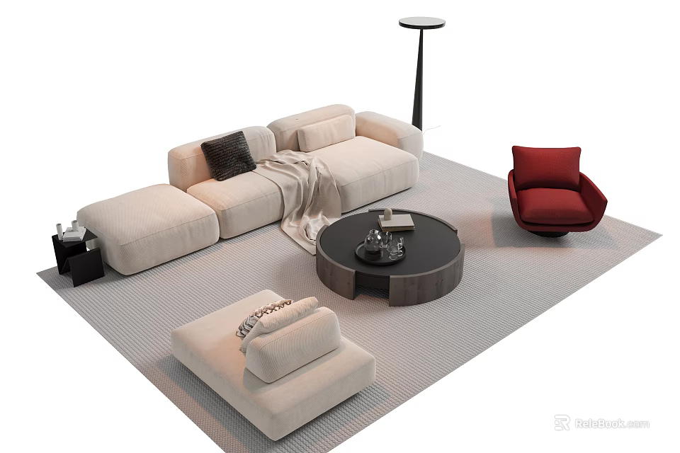 Modern Beige Sofa Coffee Table Set With Red Armchair Ottoman Floor Lamp And Rug 3d model 