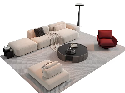 Modern Beige Sofa Coffee Table Set With Red Armchair Ottoman Floor Lamp And Rug 3d model