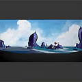 Cartoon Scene With Purple Rock Like Structures Blue Water Waves Characters And Floating Barrels