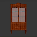 Antique Red Wooden Cabinet With Glass Doors Carved Details And Wooden Legs
