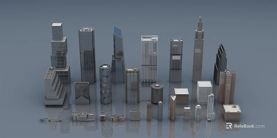 Diverse Modern Office Buildings with Various Designs and Heights in Urban Skyline 3d model 