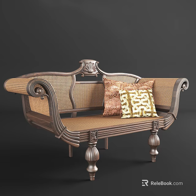 Elegant Leisure Chair With Woven Rattan Carved Armrests Decorative Legs And Patterned Cushions 3d model 