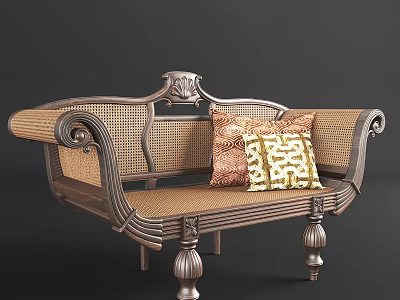 Elegant Leisure Chair With Woven Rattan Carved Armrests Decorative Legs And Patterned Cushions 3d model