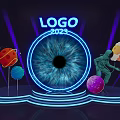 Neon Logo 2023 Display with Colorful Planets and Glowing Stand on Dark Background