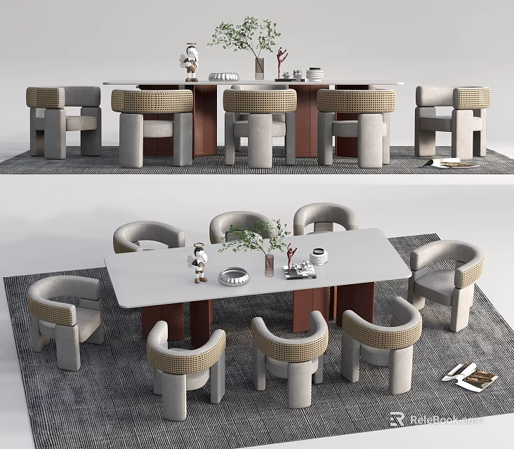 Modern Dining Table Set With Woven Chairs And Neutral Color Design Elements 3d model