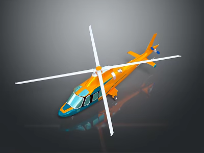 Orange and Blue Helicopter Model with White Propellers on Dark Background 3d model