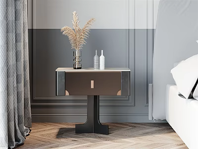 Modern Bedside Table With Marble Top Metal Legs And Dried Flowers In Bedroom 3d model