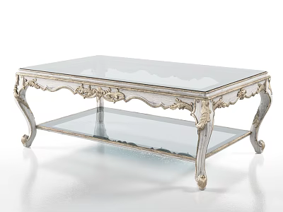 Classic European Style Coffee Table With Carved Details Glass Top And Lower Shelf 3d model