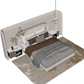 Modern Double Bed with Curved Upholstered Headboard Pillows Throw Blanket Nightstands Lamps and Neutral Rug