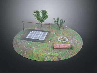 Natural Garden Landscape With Green Grass Small Trees Plaid Mat Stone Circle And Log Bench 3d model
