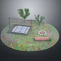Natural Garden Landscape With Green Grass Small Trees Plaid Mat Stone Circle And Log Bench