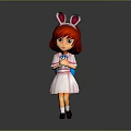 Woman in pink white dress with red hair rabbit ears crossed hands on gray