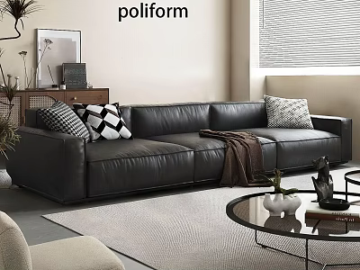 Modern Leather Sofa And Glass Coffee Table Set With Decorative Pillows And Tabletop Ornaments 3d model