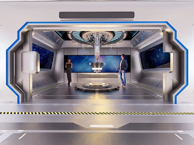 Futuristic Control Room Interior With Two People Large Starry Screens And Circular Console 3d model