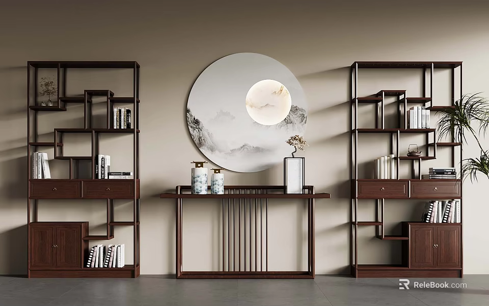Chinese Style Interior With Wooden Bookcases Round Landscape Mirror And Console Table 3d model 