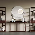 Chinese Style Interior With Wooden Bookcases Round Landscape Mirror And Console Table
