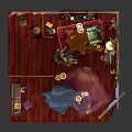 Colorful Cartoon Vintage Room Scene With Red Walls Wooden Floor Fireplace And Blue Armchair