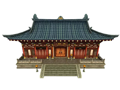 Cartoon Scene of Traditional Chinese Architecture with Curved Roof Red Doors Stone Steps and Lanterns 3d model