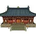 Cartoon Scene of Traditional Chinese Architecture with Curved Roof Red Doors Stone Steps and Lanterns