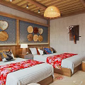 Hotel Guest Room With Twin Beds Wooden Ceiling And Circular Heart Wall Decor
