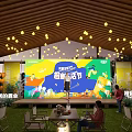 Smart Living Festival Scene With Wooden Roof Hanging Yellow Lanterns Green Stage Lawn Seating