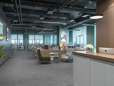 Modern Public Office Space With Open Layout Work Desks Green Plants And Large Windows 3d model