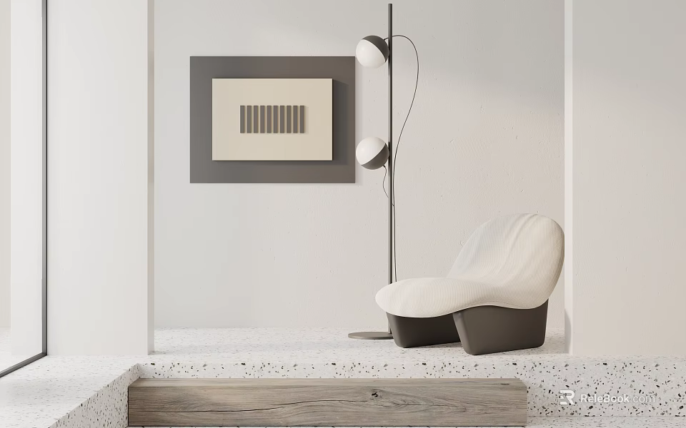 Modern Accent Chair Design With White Cushion Floor Lamp And Wall Art Decor 3d model 