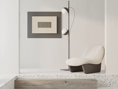 Modern Accent Chair Design With White Cushion Floor Lamp And Wall Art Decor 3d model