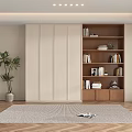 Modern Wooden Bookcase Interior With White Storage Cabinets Books Decorations Wooden Floor Rug And Plant