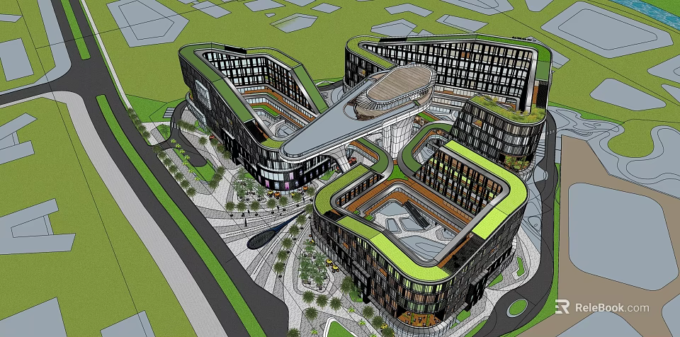 Modern Commercial Street With Curved Buildings Green Roofs And Glass Facades 3d model 