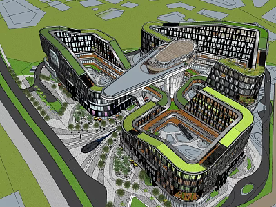 Modern Commercial Street With Curved Buildings Green Roofs And Glass Facades 3d model