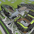 Modern Commercial Street With Curved Buildings Green Roofs And Glass Facades
