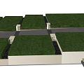 Neatly Arranged Tree Planters Along Gray Pathway In Green Lawn Area