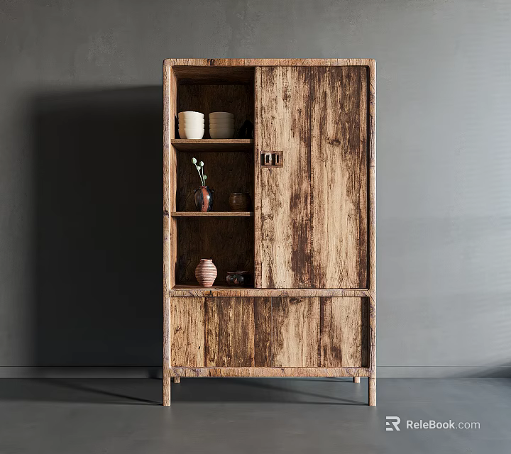 Rustic Distressed Wooden Display Cabinet With Open Shelves And Decorative Items 3d model 