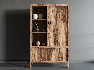 Rustic Distressed Wooden Display Cabinet With Open Shelves And Decorative Items 3d model