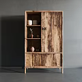 Rustic Distressed Wooden Display Cabinet With Open Shelves And Decorative Items
