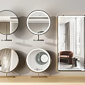Stylish Round And Rectangular Mirrors With Black Gold Frames On White Wall And Tabletop 3d model