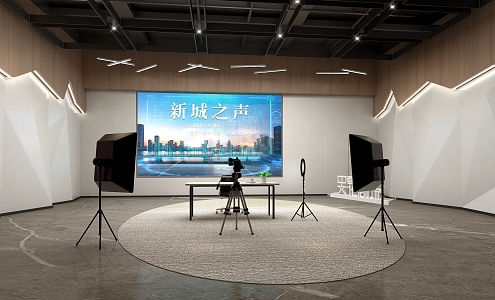 Live broadcast room city window science and technology exhibition hall conference studio interview room conference space with goods scene office makeup video studio 3d model